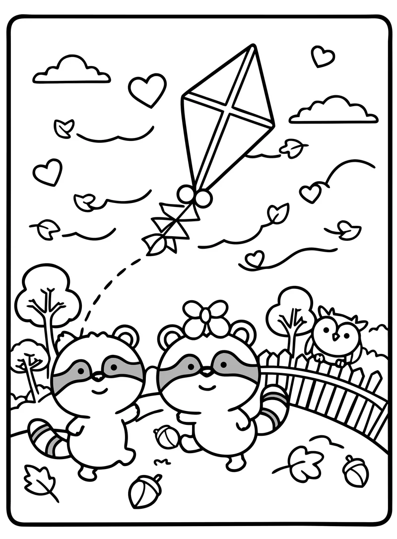Raccoons flying a kite on a windy autumn day