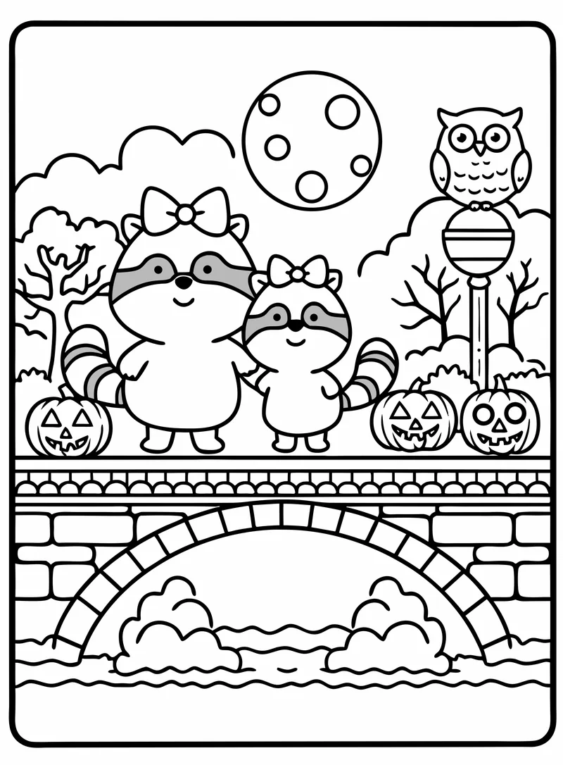 Dos mapaches en un puente de piedra con calabazas y un búho