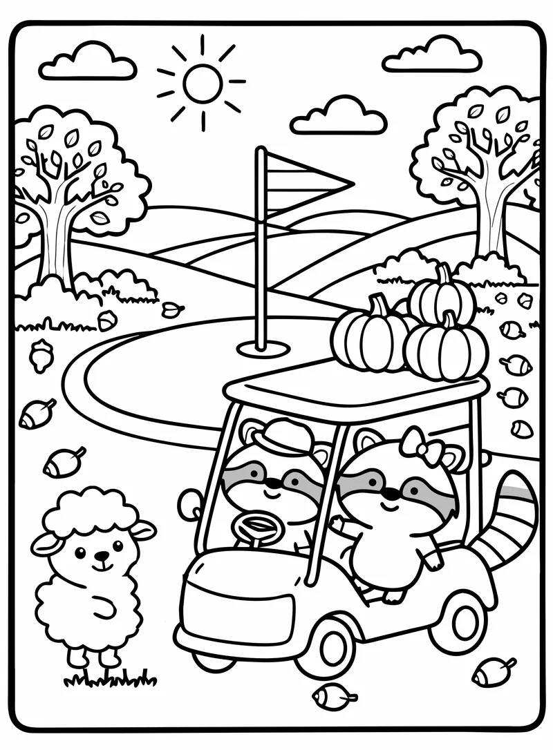 La familia en un carrito de golf lleno de calabazas