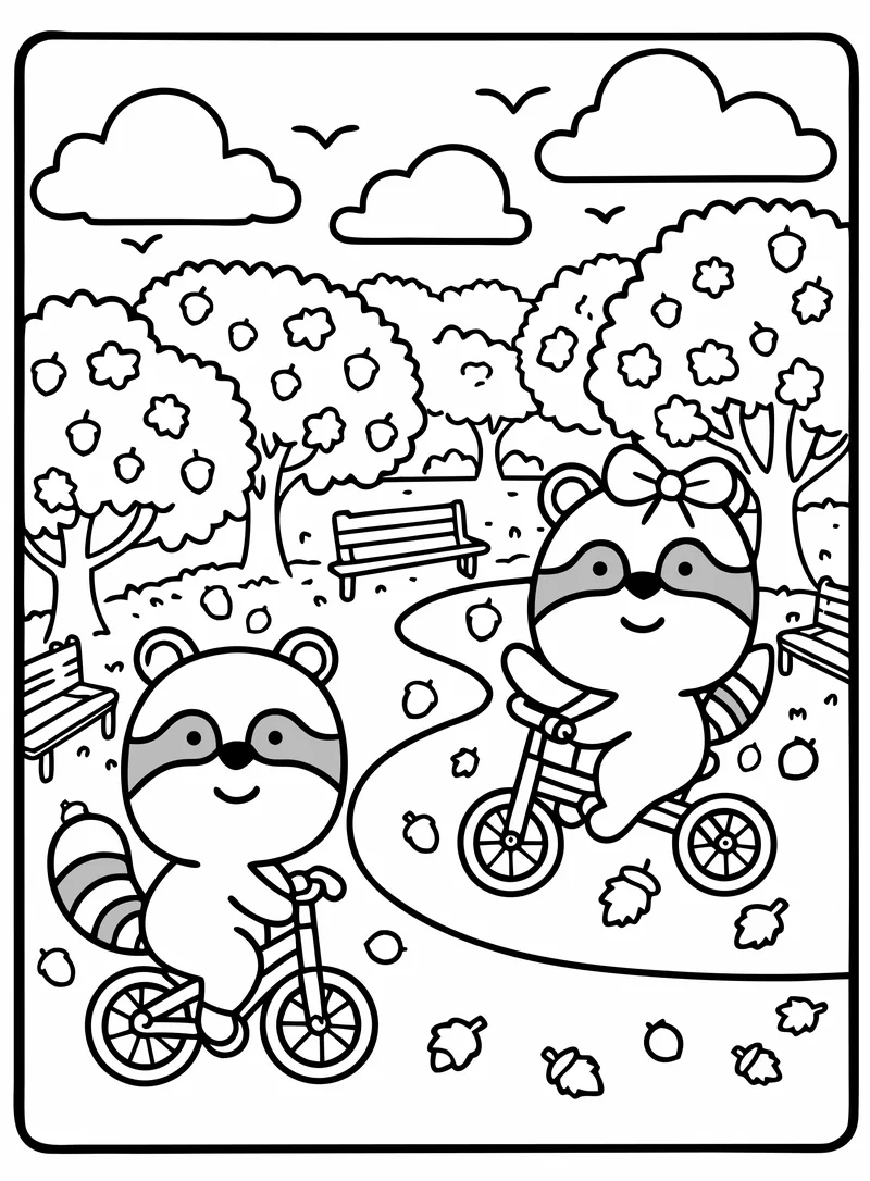 Dos mapaches en bici por un parque de otoño